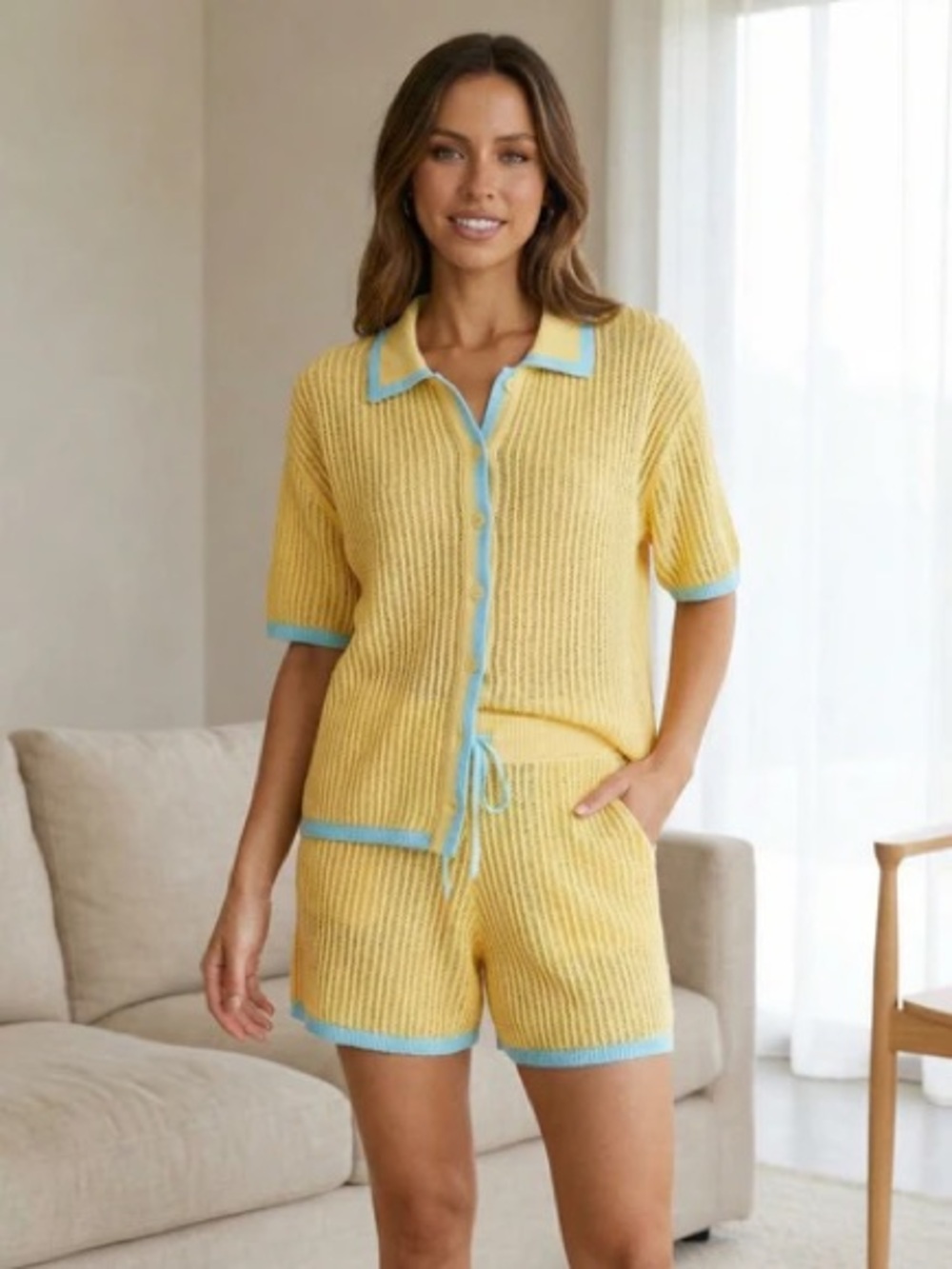 Zara Yellow Button-Front Knit Top with Blue Trim